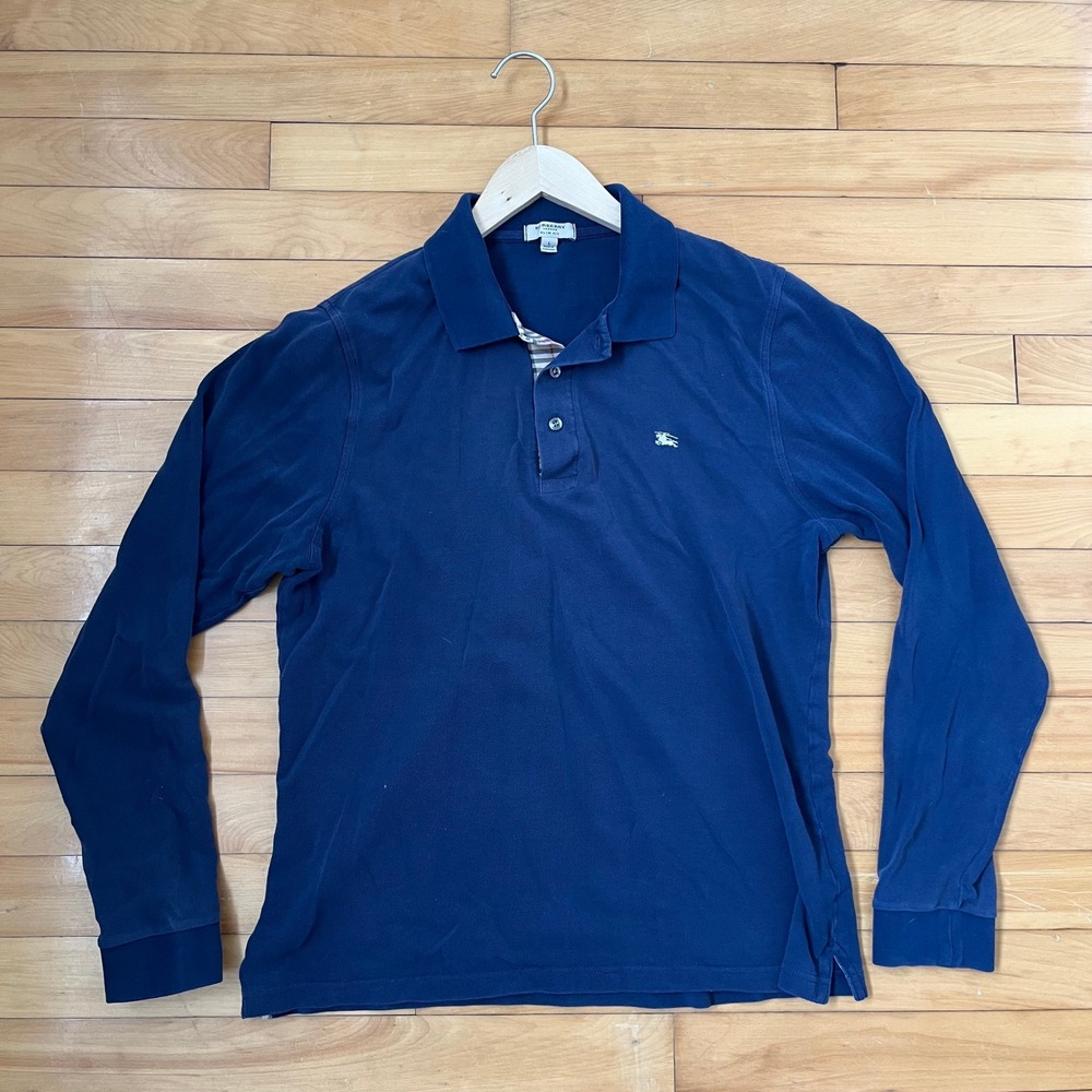 Burberry London Mens Long Sleeve Polo Shirt Navy Blue Slim Fit Cotton Pique L